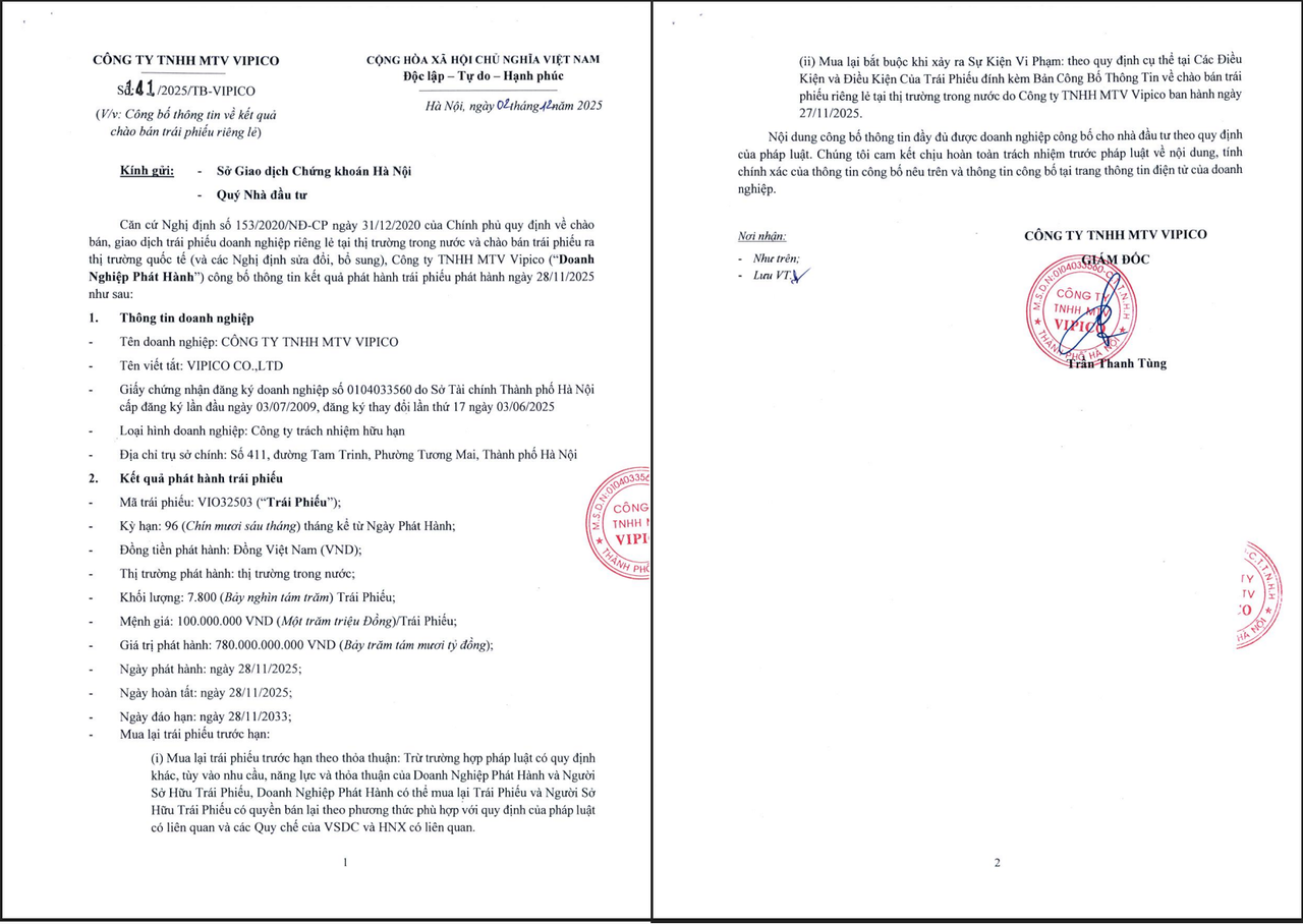 Thông tin về lô trái phiếu vừa được Vipico phát hành.