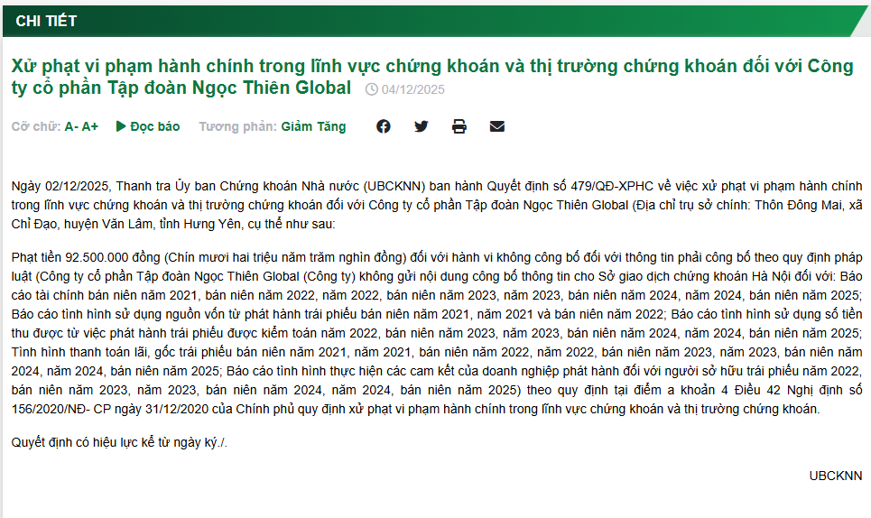 Ngọc Thiên Global bị xử phạt do “ém” thông tin về tài chính và trái phiếu