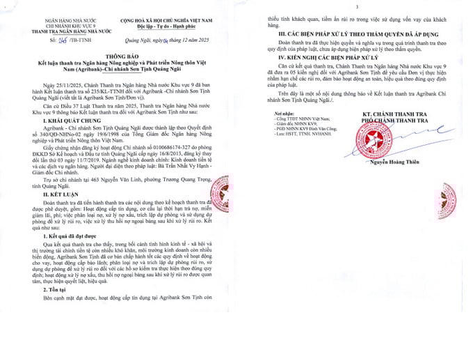 Agribank Sơn Tịnh còn một số hạn chế, sai sót trong hoạt động cấp tín dụng