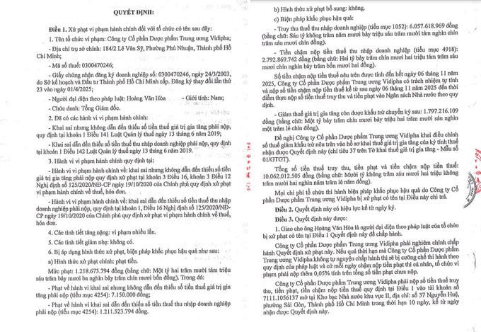 Dược phẩm Vidipha bị phạt, truy thu thuế hơn 10 tỷ đồng