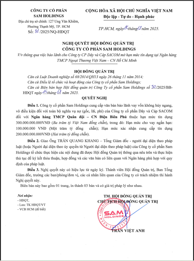 SAM Holdings công bố thông tin về việc bảo lãnh cho công ty con vay 300 tỷ đồng từ ngân hàng.