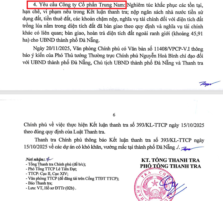 Thanh tra Chính phủ yêu cầu Công ty CP Trung Nam nghiêm túc khắc phục các tồn tại, vi phạm.