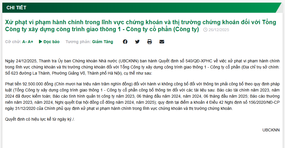 Vi phạm công bố thông tin, CIENCO1 bị xử phạt hơn 92 triệu đồng