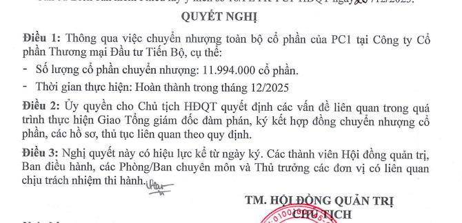 PC1 muốn bán vốn tại CTCP Thương mại Đầu tư Tiến Bộ.