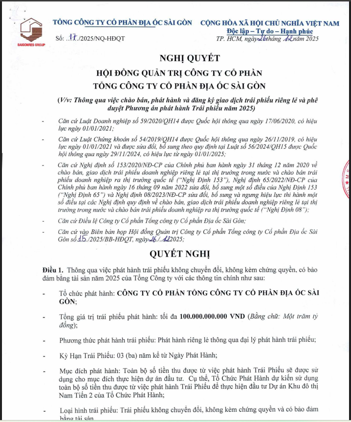 Nghị quyết HĐQT SGR về việc chào bán, phát hành trái phiếu.