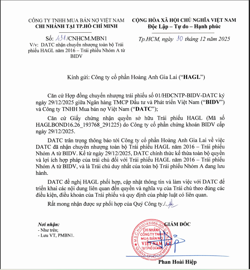 Thông báo gửi HAG của BIDV.