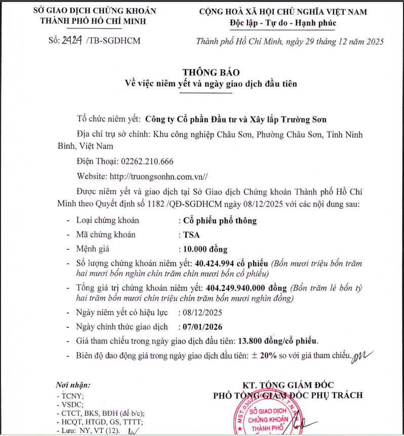 Thông báo của TSA về việc sẽ niêm yết cổ phiếu trên sàn HoSE vào ngày 7/1/2026 tới đây.