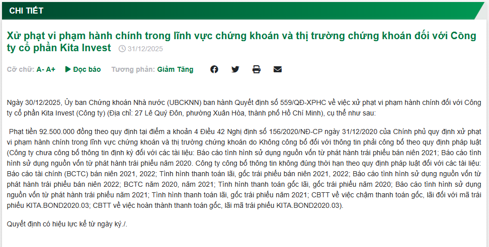 Vi phạm công bố thông tin, Kita Invest bị xử phạt 92,5 triệu đồng