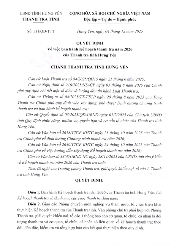 Kế hoạch thanh tra năm 2026 của Thanh tra tỉnh Hưng Yên.