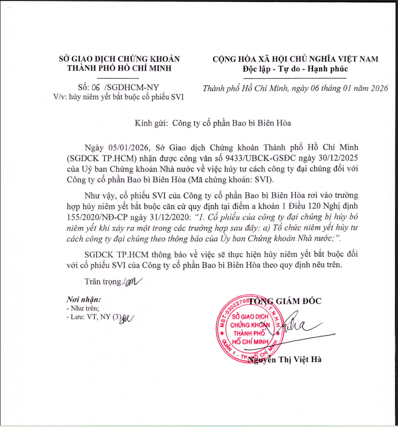 Thông báo của HoSE về việc hủy niêm yết bắt buộc đối với cổ phiếu SVI của Bao bì Biên Hòa.