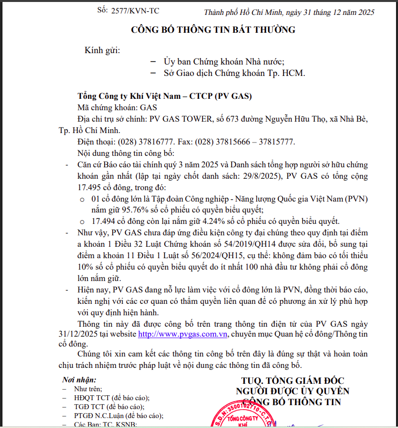 Thông báo của GAS về việc không đáp ứng điều kiện công ty đại chúng.