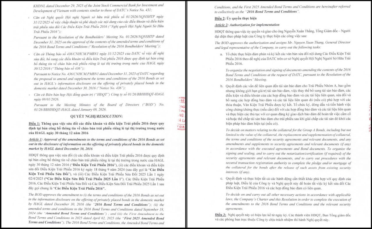Nghị quyết HĐQT HAG về việc sửa đổi các điều khoản và điều kiện của Trái phiếu 2016.