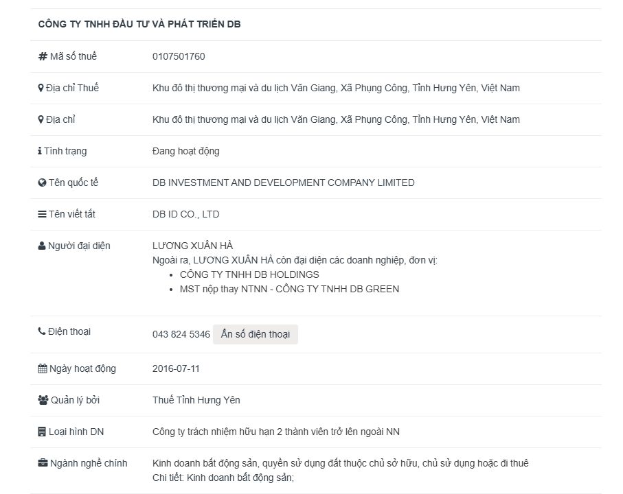 Một số thông tin về Công ty TNHH Đầu tư và Phát triển DB.