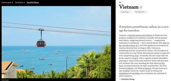 Cáp treo Hòn Thơm xuất hiện trên New York Times trong phần giới thiệu về điểm đến Việt Nam. Nguồn: New York Times