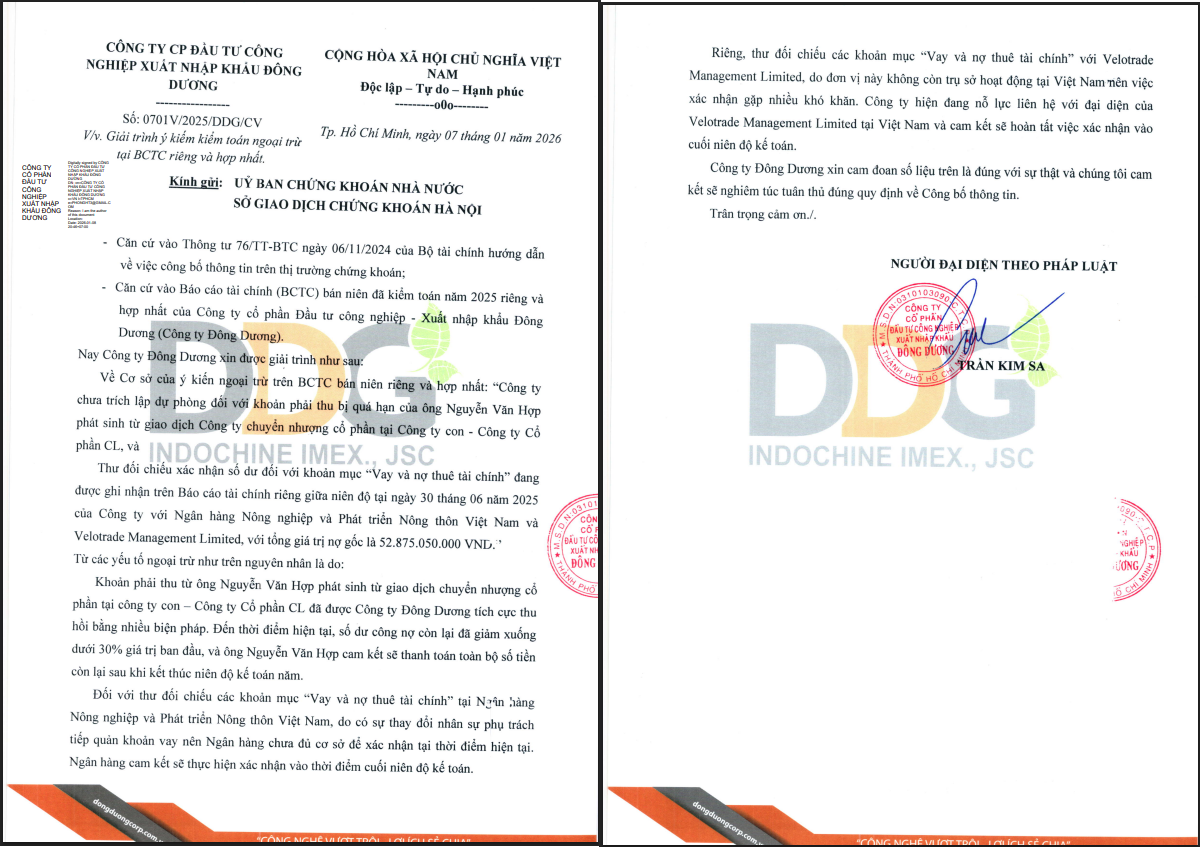 DDG giải trình về việc bị kiểm toán cho ý kiến ngoại trừ đối với BCTC bán niên 2025.