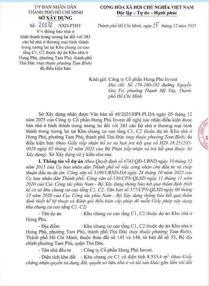 FIATO UpTown chính thức đủ điều kiện bán nhà ở hình thành trong tương lai vào ngày 15/12/2025