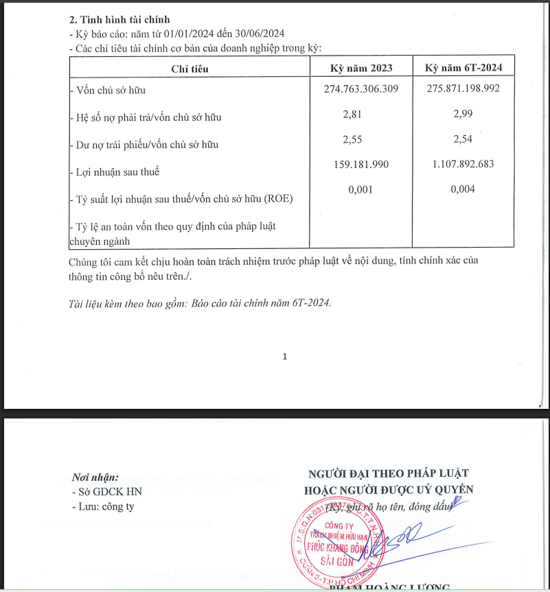 Một số chỉ tiêu tài chính của Phúc Khang Đông Sài Gòn tại ngảy 30/6/2024.
