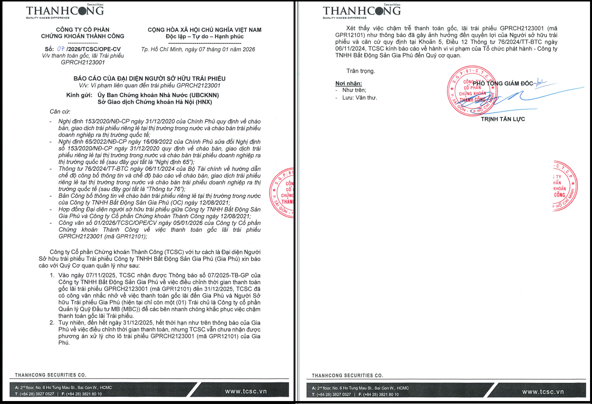Báo cáo về việc vi phạm liên quan đến trái phiếu GPRCH2123001 của Bất Động Sản Gia Phú.