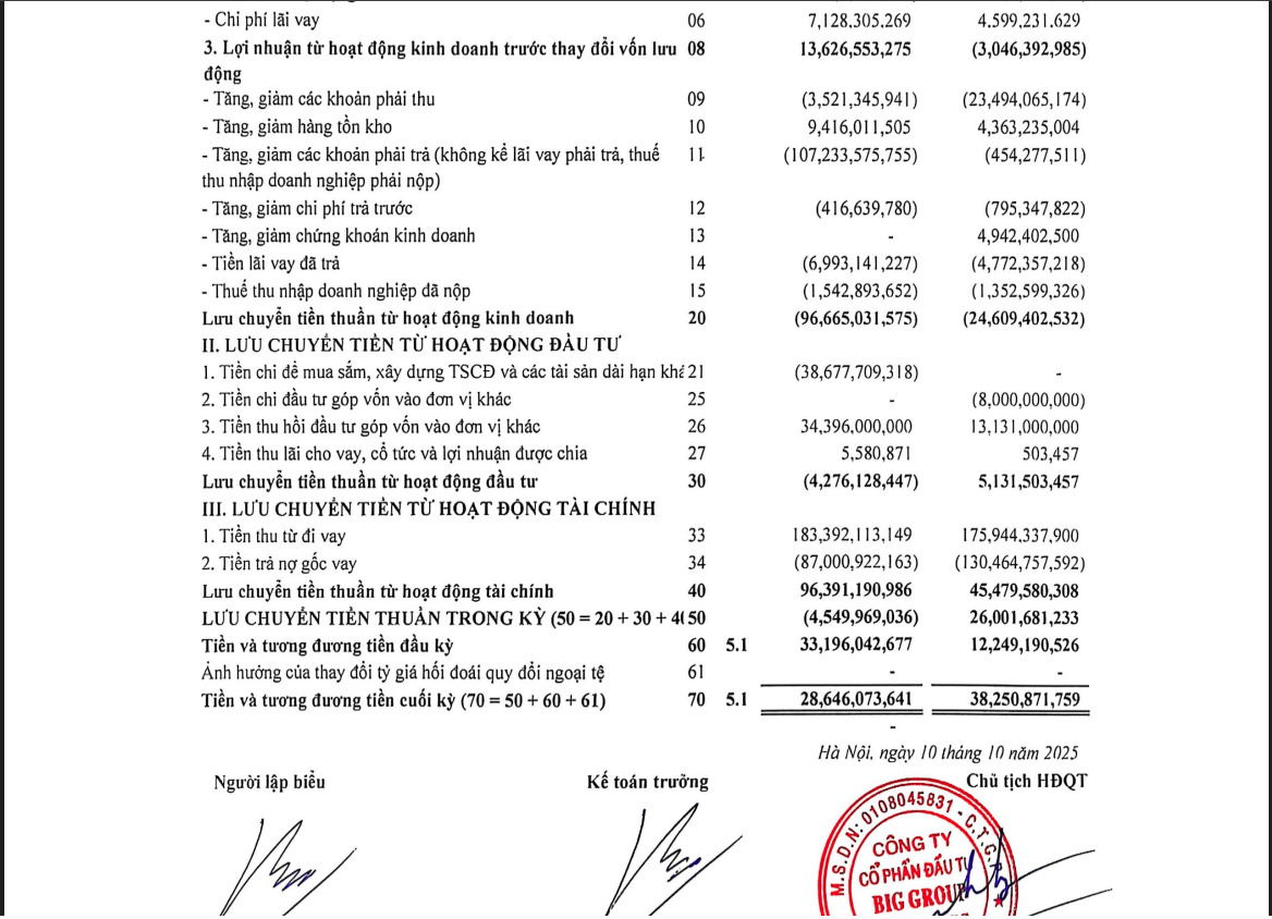 Dòng tiền đầu tư của BIG âm kỷ lục trong 9 tháng đầu năm 2025.