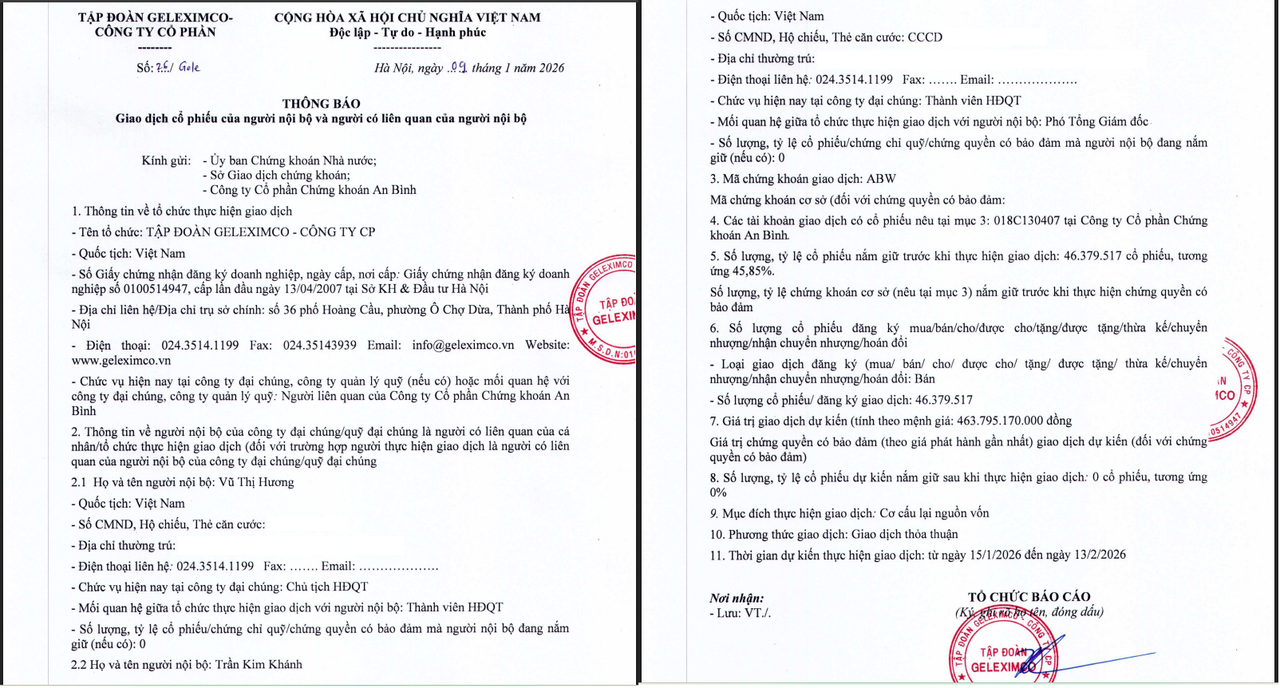 Thông báo của Tập đoàn Geleximco về việc bán toàn bộ cổ phần nắm giữ tại ABS.
