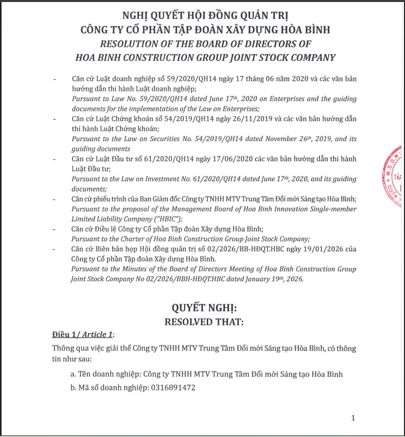 Nghị quyết HĐQT HBC về việc giải thể Công ty TNHH MTV Trung tâm Đổi mới Sáng tạo Hòa Bình.