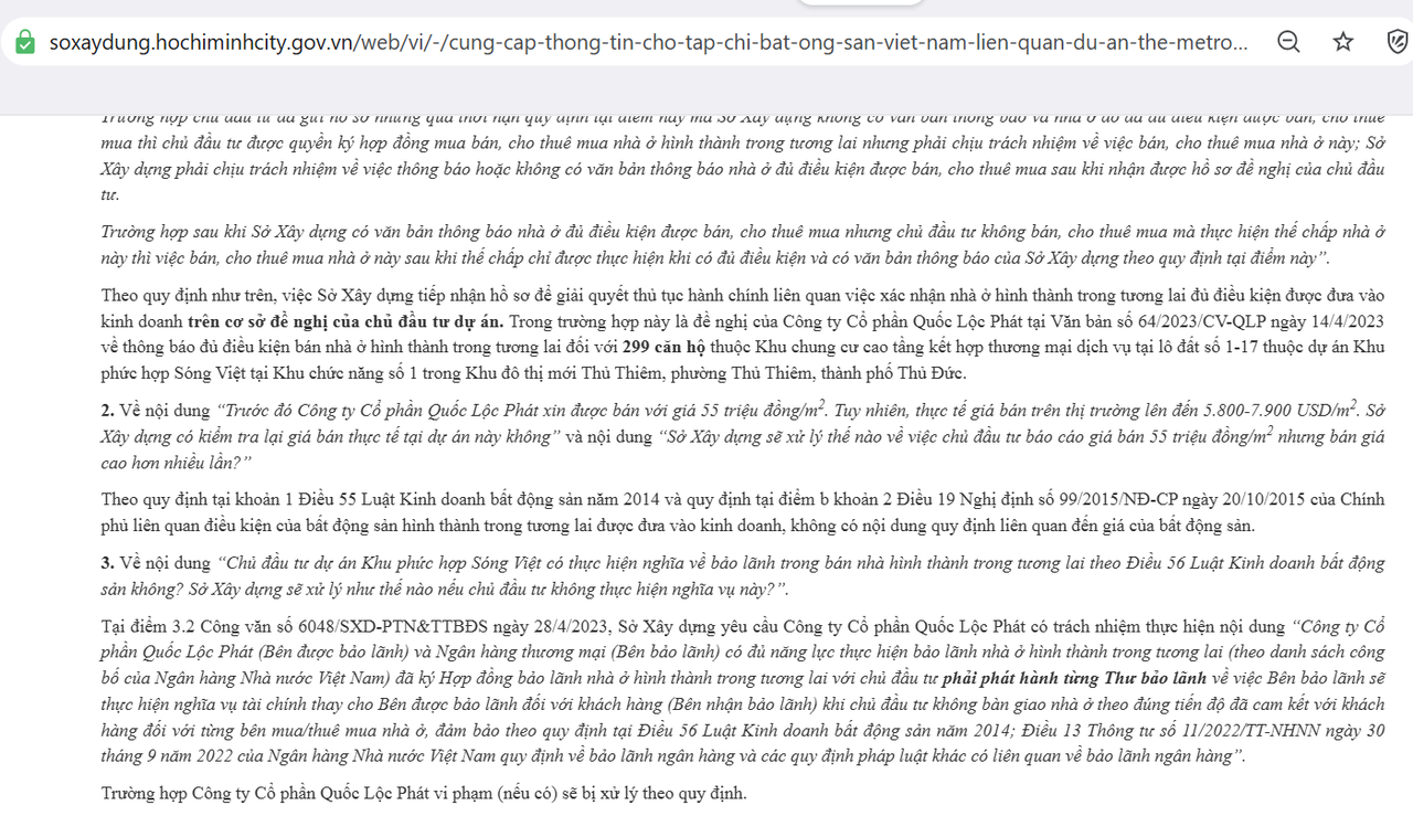 Sở Xây dựng TP.HCM thông tin về dự án Khu phức hợp Sóng Việt xin bán với giá 55 triệu đồng/m2, cho biết về quy định giá bán căn hộ không có trong quy định của Luật Kinh doanh Bất động sản&nbsp;
