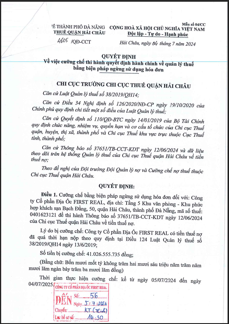 FIR bị cưỡng chế ngừng sử dụng hóa đơn do nợ thuế.
