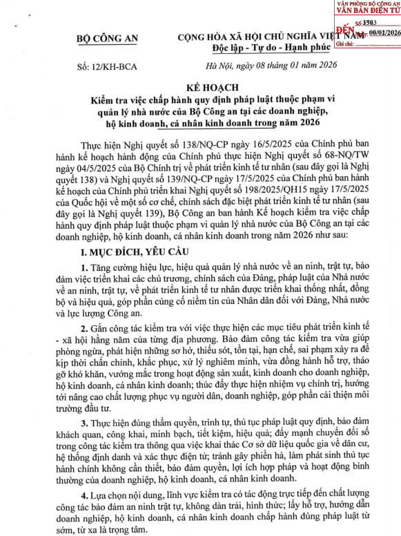 Bộ Công an sẽ kiểm tra doanh nghiệp, hộ kinh doanh trong 2026