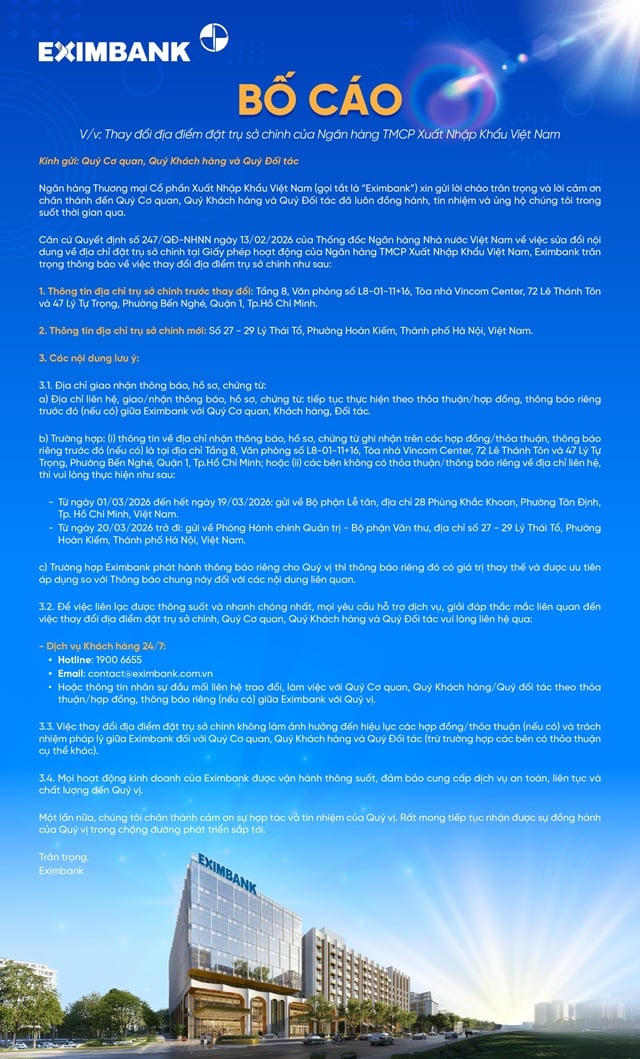 Eximbank chuyển trụ sở chính ra Hà Nội kể từ ngày 13/2
