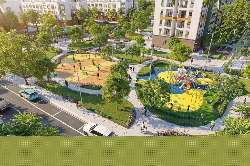 Ngay dưới chân các tòa căn hộ là không gian xanh và các tiện ích vui chơi giải trí