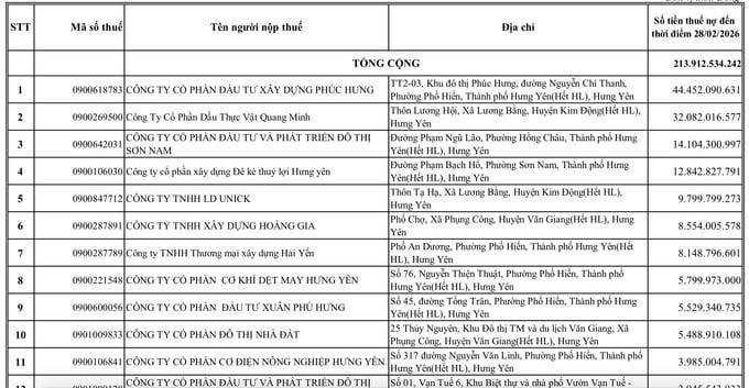 Công ty Phúc Hưng, Dầu thực vật Quang Minh đứng đầu nợ thuế tại Hưng Yên