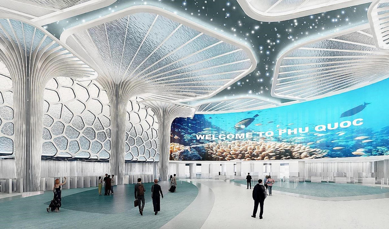 Thiết kế ấn tượng tựa như khung cảnh dưới lòng đại dương tại khu vực nhà ga đến. Ảnh: Aedas Interiors