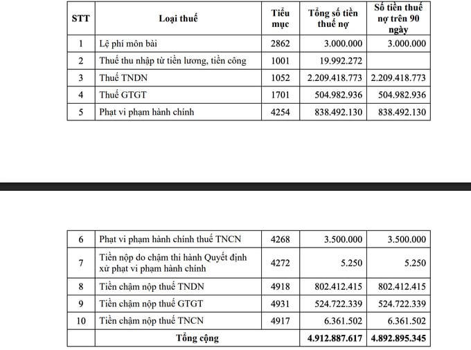 Số tiền thuế nợ của Công ty Cổ phần Đầu tư An Thịnh Đồng Nai