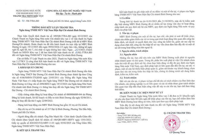 MBV Bình Dương để xảy ra sai sót, vi phạm.