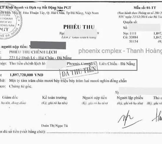 Phiếu thu chênh lệch dự án Thanh Hoàng