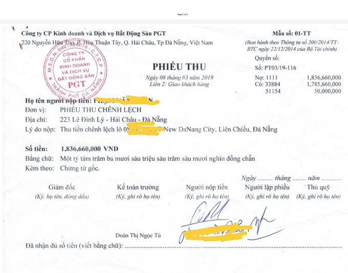 Phiếu thu tiền chênh lệch dự án New Danang City