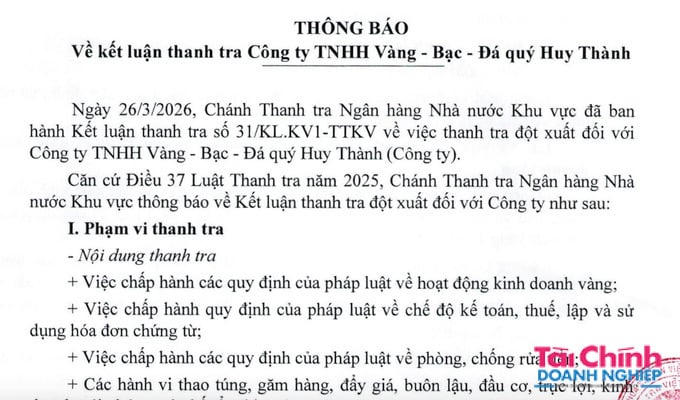 Vàng bạc đá quý Huy Thành vi phạm thuế sau thanh tra.