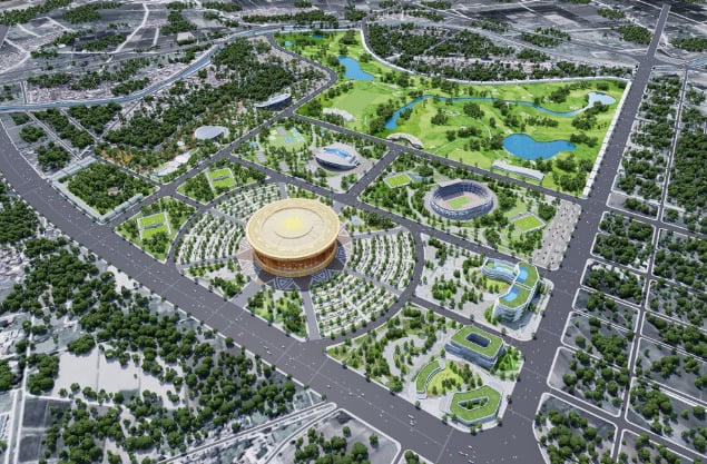 Tâm điểm ở phân khu B là sân vận động Trống Đồng, có sức chứa lên đến 135.000 chỗ ngồi, được định hướng trở thành công trình biểu tượng lấy cảm hứng từ trống đồng Đông Sơn và hình tượng Chim Lạc.