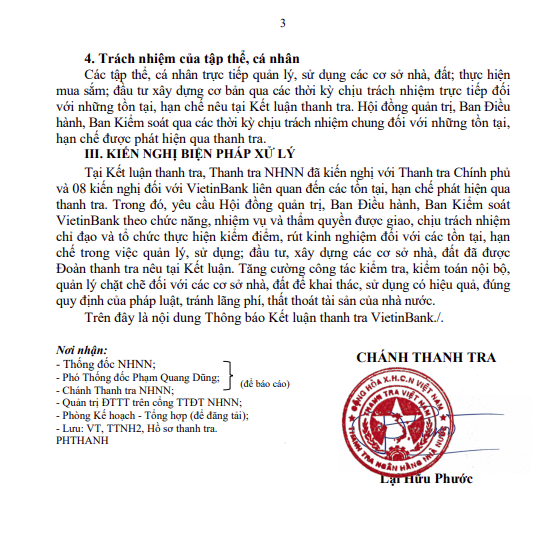 Công bố kết luận thanh tra về phòng, chống lãng phí trong quản lý, sử dụng các cơ sở nhà, đất tại Ngân hàng TMCP Công thương Việt Nam (VietinBank)