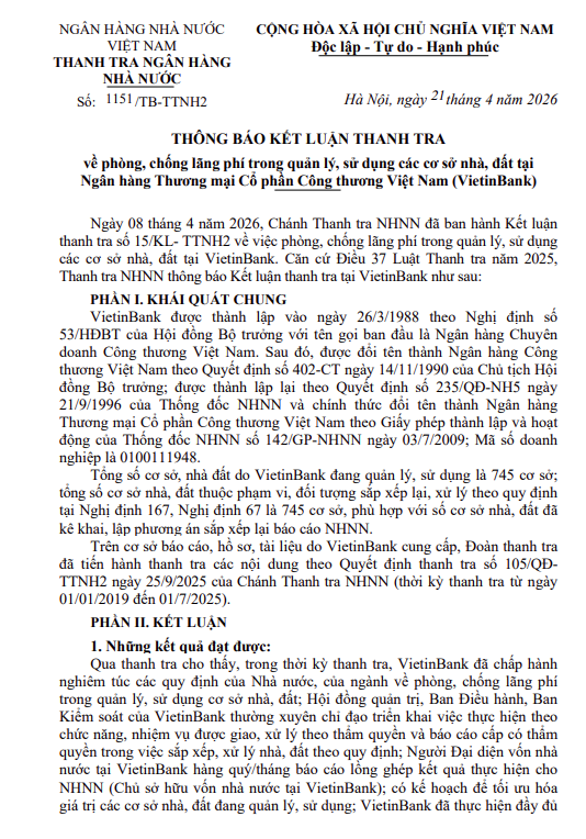 Công bố kết luận thanh tra về phòng, chống lãng phí trong quản lý, sử dụng các cơ sở nhà, đất tại Ngân hàng TMCP Công thương Việt Nam (VietinBank)