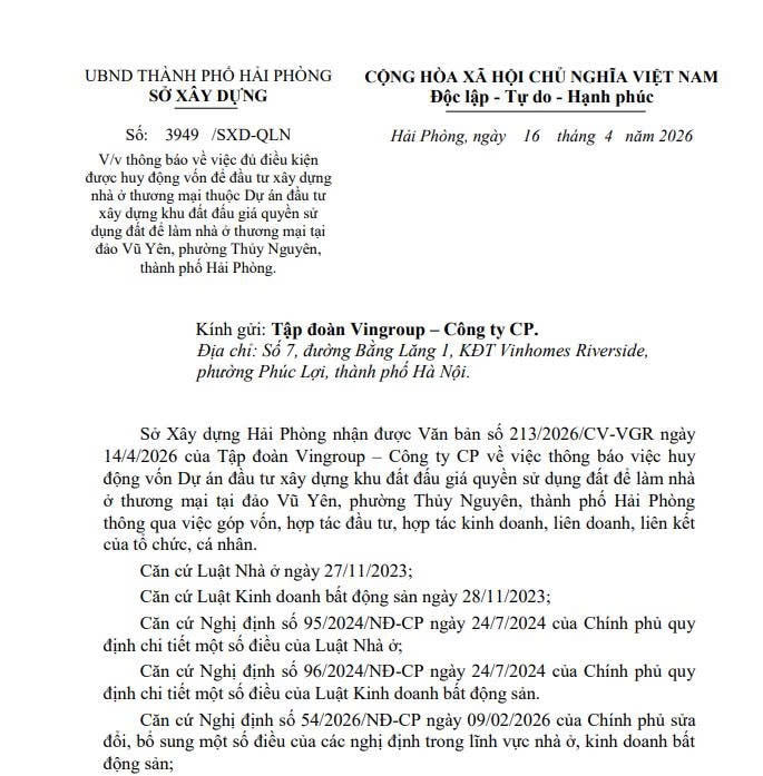 Nóng: Dự án 15.000 căn hộ trên đảo Vũ Yên của VinGroup đủ điều kiện huy động vốn
