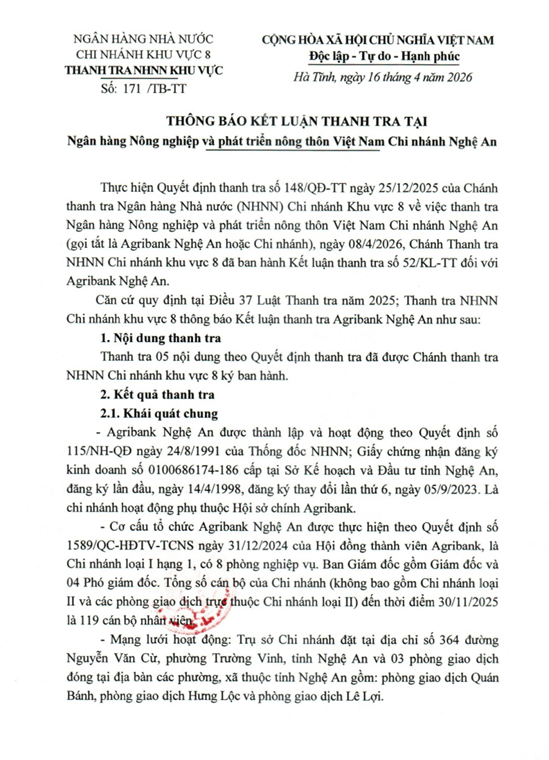 Thông báo kết luận thanh tra tại Agribank Nghệ An