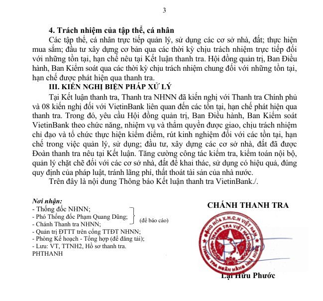 Thông báo kết luận thanh tra về phòng, chống lãng phí trong quản lý, sử dụng các cơ sở nhà đất tại Ngân hàng VietinBank (CTG)