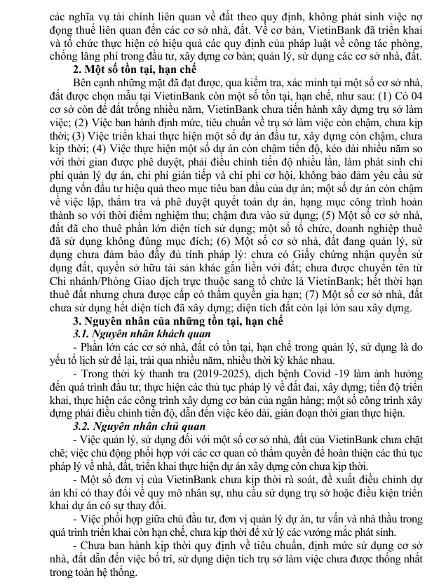 Thông báo kết luận thanh tra về phòng, chống lãng phí trong quản lý, sử dụng các cơ sở nhà đất tại Ngân hàng VietinBank (CTG)