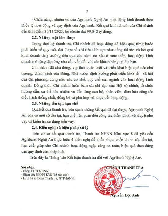 Thông báo kết luận thanh tra tại Agribank Nghệ An