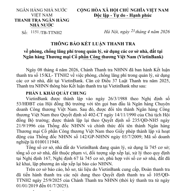 Thông báo kết luận thanh tra về phòng, chống lãng phí trong quản lý, sử dụng các cơ sở nhà đất tại Ngân hàng VietinBank (CTG)
