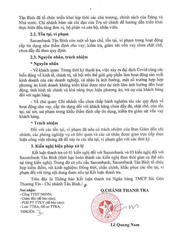 NHNN Khu vực 2 công bố kết luận thanh tra tại Sacombank Tân Bình