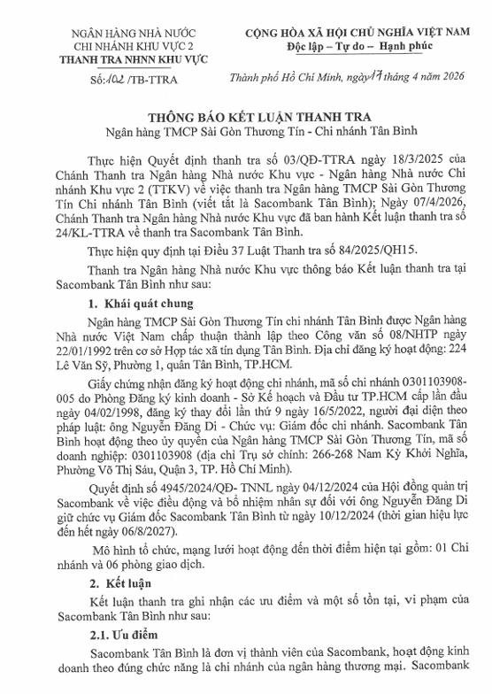 NHNN Khu vực 2 công bố kết luận thanh tra tại Sacombank Tân Bình