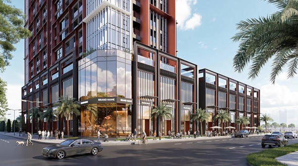 Hệ thống shophouse khối đế sầm uất đáp ứng trọn vẹn nhu cầu mua sắm và dịch vụ của cư dân căn hộ Symphony 5. Ảnh: Sun Property.