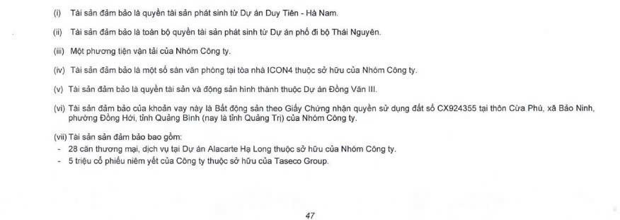 TAL cũng đang sử dụng cổ phiếu niêm yết của công ty (thuộc sở hữu của Taseco Group) để làm tài sản đảm bảo cho các khoản vay tại ngân hàng. (Nguồn: BCTC TAL)